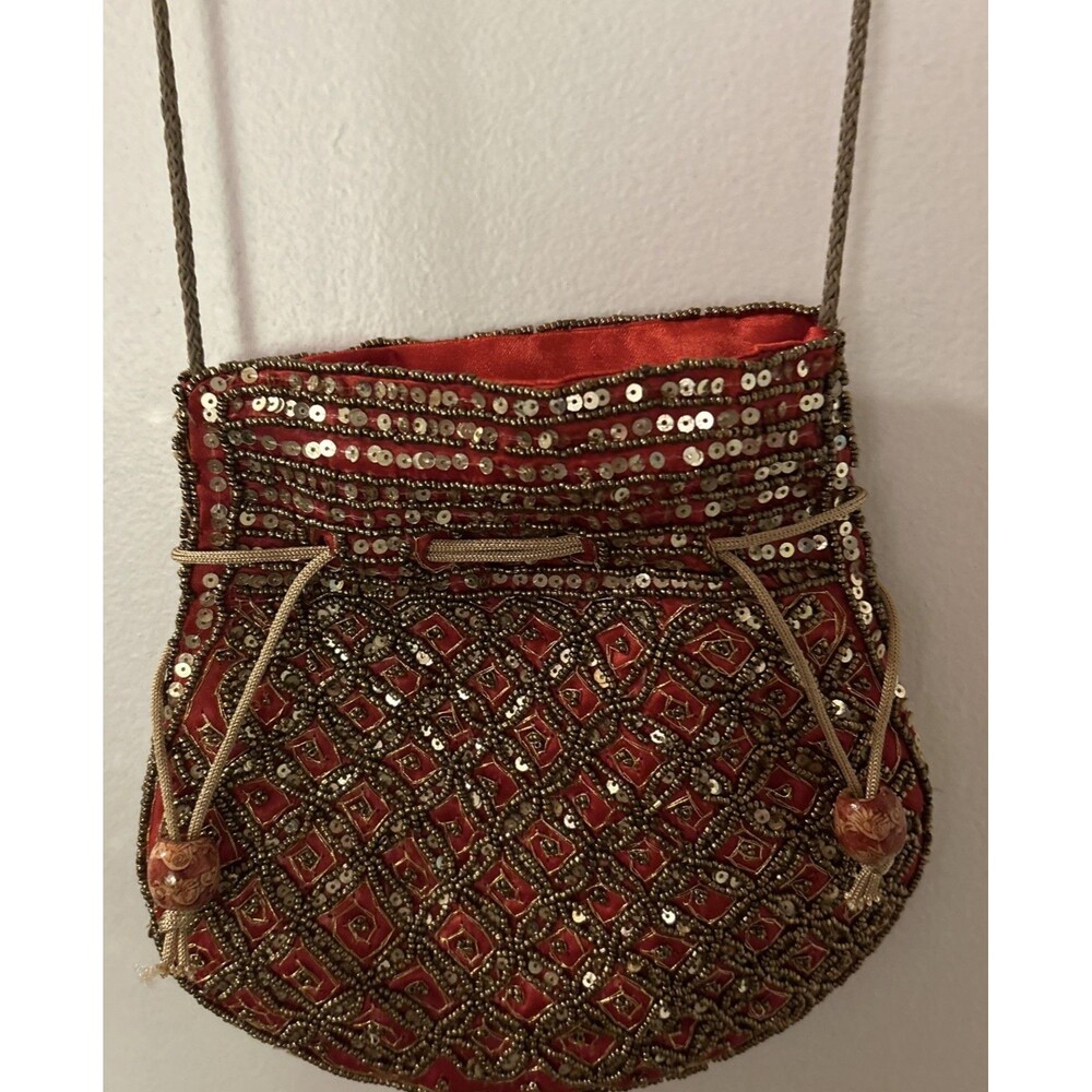 Vintage Red Beaded Sequin Potli Bag Gold Drawstring Crossbody Evening Pouch